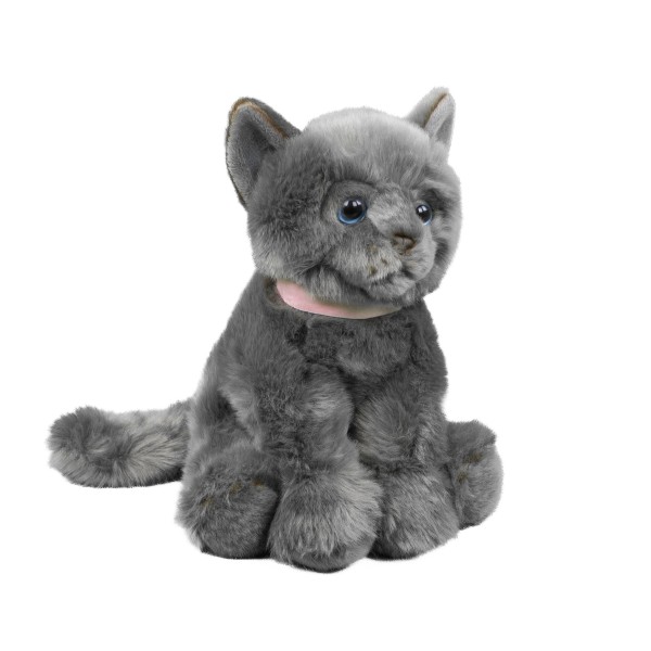 Kuscheltier Katze mit Halsband sitzend grau 25 cm